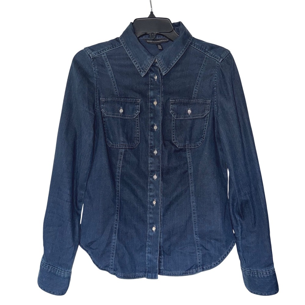 White House Black Market Denim Shirt Dark Wash Snap Button Down LongSleeve 4